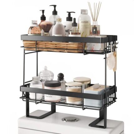 Raft depozitare peste bazinul de toaleta, Quasar & Co.®, 2 etajere, prindere prin lipire, metal, 33 x 16 x 33 cm, negru