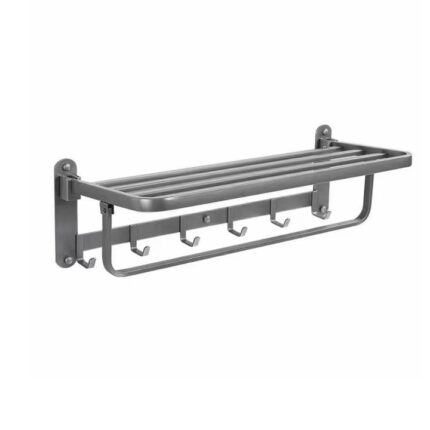 Raft prosoape, Darklove, cu carlige pentru prosoape, Design pliabil la 90° pentru a economisi spatiu, Usor de instalat si de utilizat, pentru baie, dormitor, piscina, balcon, hotel, 304 din otel inoxidabil, 58.5x23.5x17.5 cm, Gri