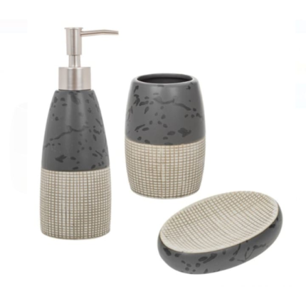 Set 3 accesorii ceramice pentru baie, dispenser sapun lichid, suport periute dinti si sapuniera, gri antracit, bej