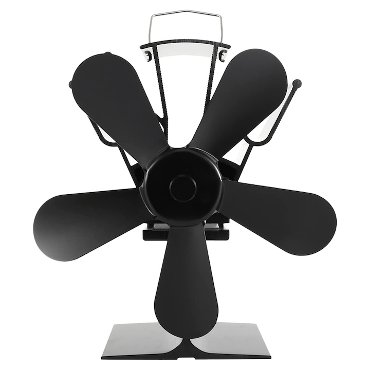 Ventilator de soba cu alimentare termica, Vaxiuja, 5 palete, Silentios si eficient energetic, Eficienta mare si consum redus de energie, Auto-rotire, Material Aluminum, Negru