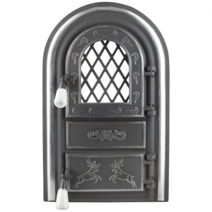 Usa semineu cu geam cerbi ornamente argintii, fonta 555 x 345 mm