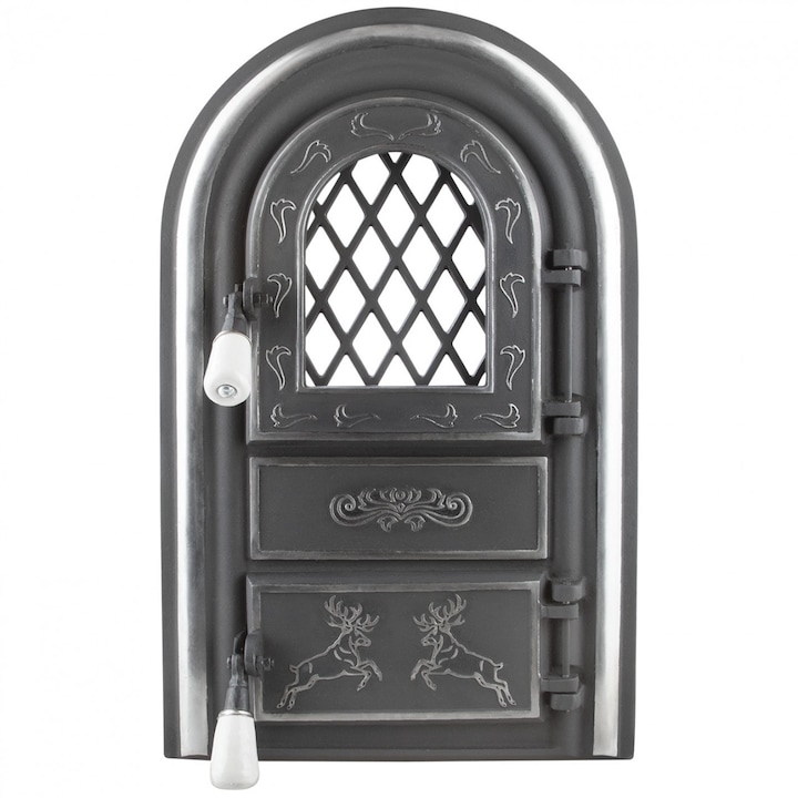 Usa semineu cu geam cerbi ornamente argintii, fonta 555 x 345 mm