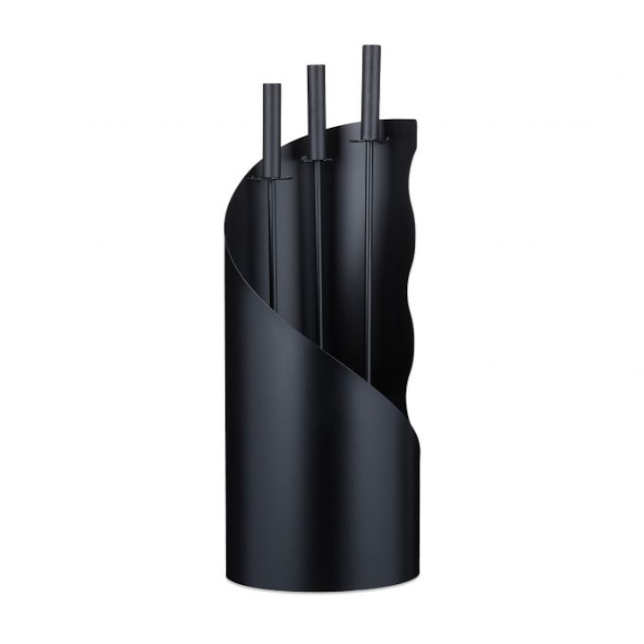 Ustensile semineu/soba, 3 piese cu suport. otel, negru