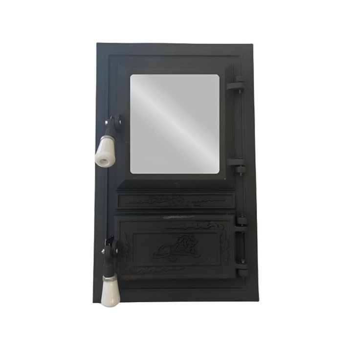 Usa soba dreptunghiulara cu geam, fier + fonta, negru, 420 x 250 mm