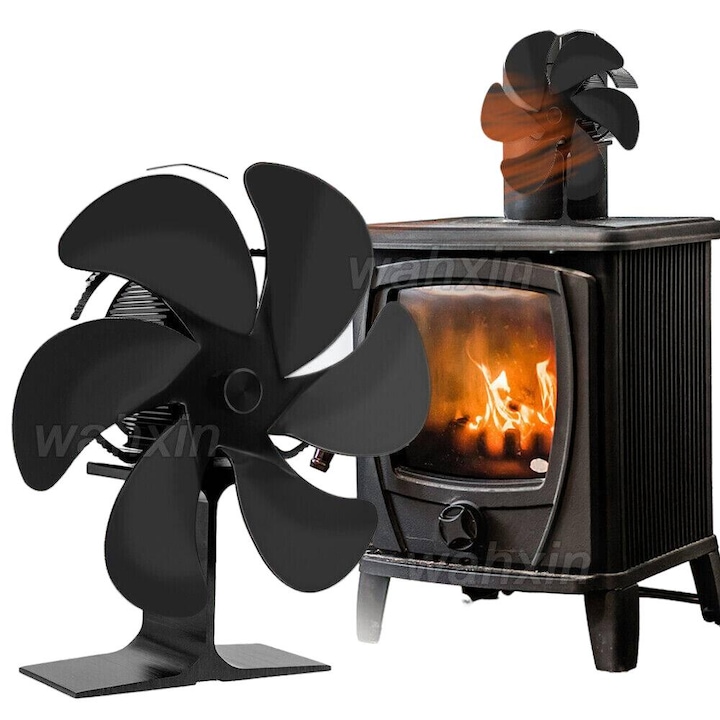 Ventilator pentru soba, 6 palete, functionare termica, silentios, 19.5cm, negru