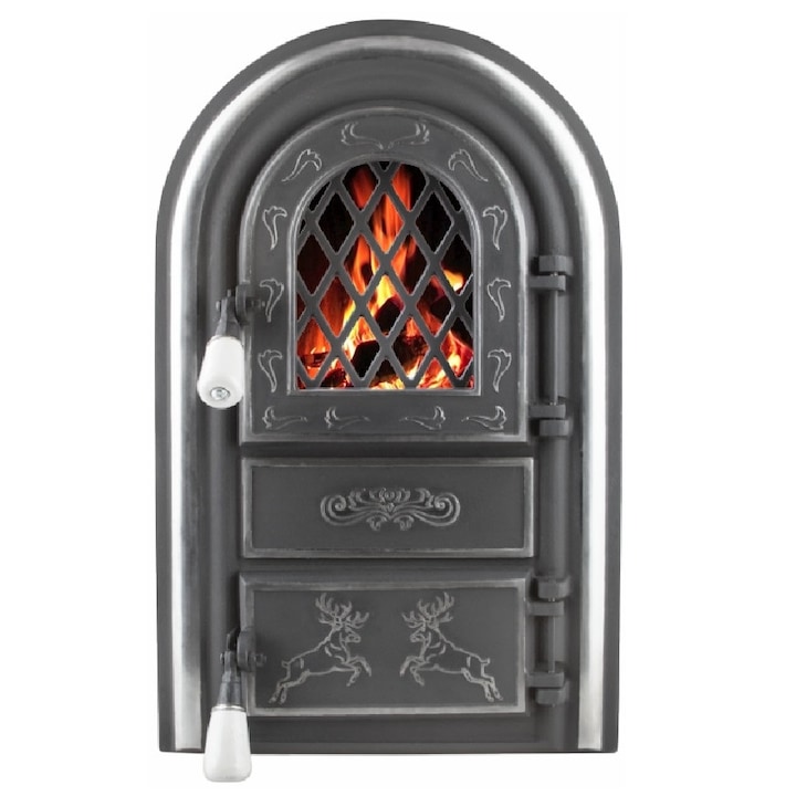 Usa din Fonta pentru Semineu cu Geam, Cerbi Ornamente Argintii, 555x345mm Honest