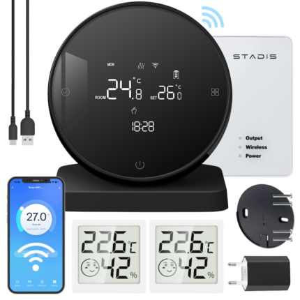 Termostat de ambient Smart STADIS™, WiFi, RF Wireless, Controlat Prin Internet/Telefon, Compatibil cu Orice Centrala Termica, Programabil, Receiver inclus, Tuya / Google Home / Alexa, Accesorii, 2 x HigroTermometre incluse, Negru