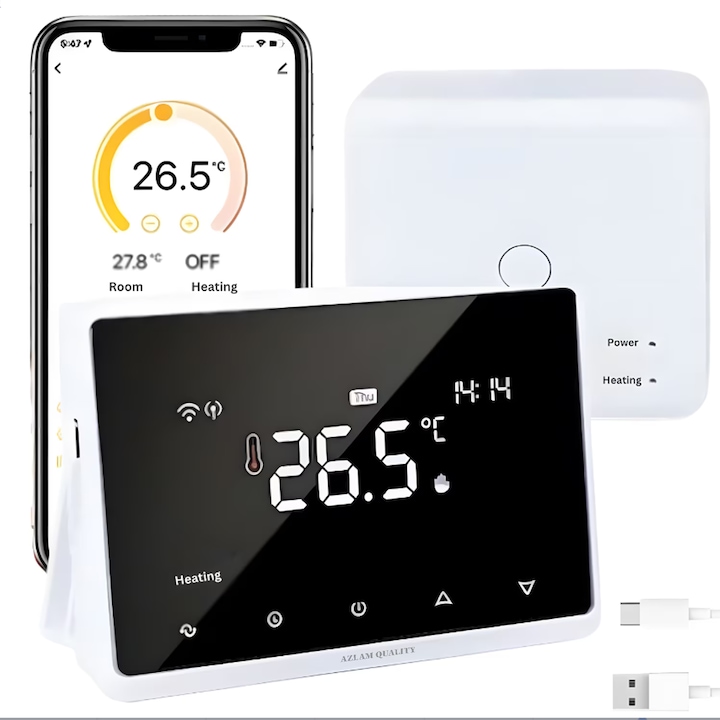 Termostat Wireless Smart, Pentru Centrala Gaz/Incalzire Pardoseala, Touch, Programabil, Control Vocal-Alexa, Ecran LCD, Reciver Inclus, Mod Manual si Automat, Tripla Alimentare, Memorare Date, Partajare Familiala, Blocare pentru Copii, Casa/Birou, Alb