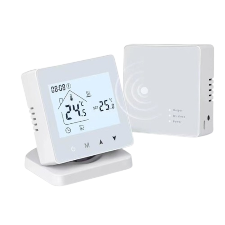 Termostat inteligent, Wireless, Control Wi-Fi/Smartphone, Aplicatie telefon Tuya sau Smart life, Compatibil Alexa si Google assistant, Ecran tactil, Rama Patrata, Universal pentru centrala termica + incalzire pardoseala cu receiver, Programare orara, Alb