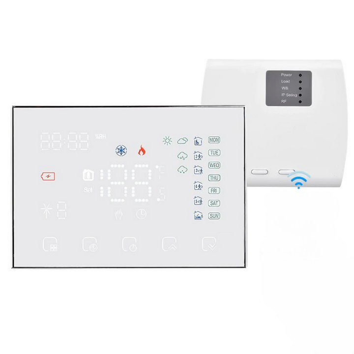 Termostat Smart WiFi compatibil cu toate centralele pe gaz, RF Wireless, suport propriu sau montaj pe perete, control de la distanta cu aplicatie prin telefon, Tuya/SmartLife, touchscreen, ecran LED, compatibil iOS/Android, kit complet cu receiver, alb