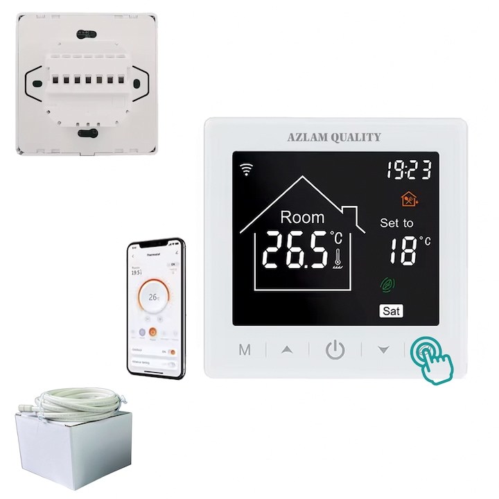 Termostat Wireless, Design Moden, Afisaj digital, Sticla securizata curbata 2.5D, Programabil, Compatibil cu centrala gaz si incalzire pardoseala, Senzor NTS, Butoane tactile, Blocare pentru copii, Functie ECO, Alb
