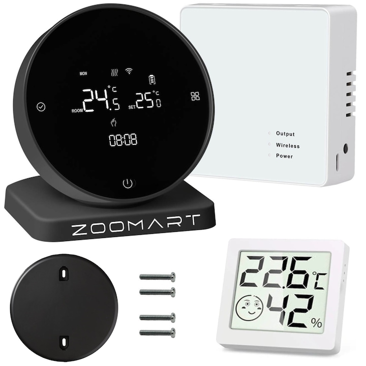 Termostat si Higrometru de Ambient Smart ZOOMART™, Wireless, Programabil, Compatibil Centrale Termice Incalzire pe Gaz, Suport pentru Masa, Suport Montare Perete, 4x Elemente de asamblare si Receptor Centrala incluse