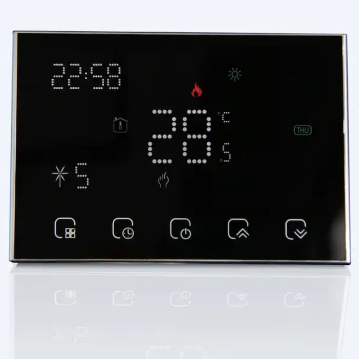 Termostat inteligent wireless, Monitorizare si Automatizare temperatura ambientala, Control prin aplicatie iOS/ Android, 6 programe, Ecran LCD, Touchscreean, Design Modern, Negru
