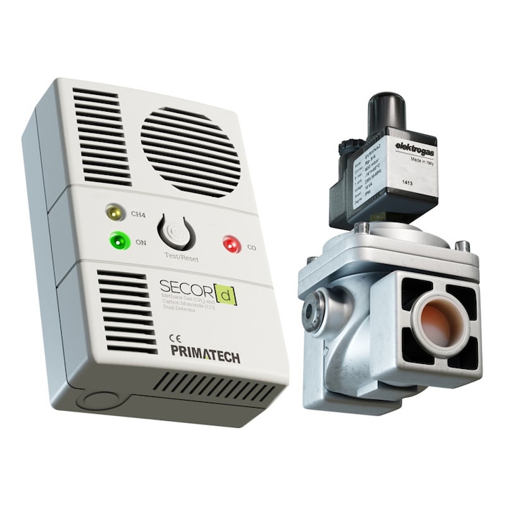 Detector de gaz metan si monoxid de carbon Secor D cu electrovalva de 1/2, alb