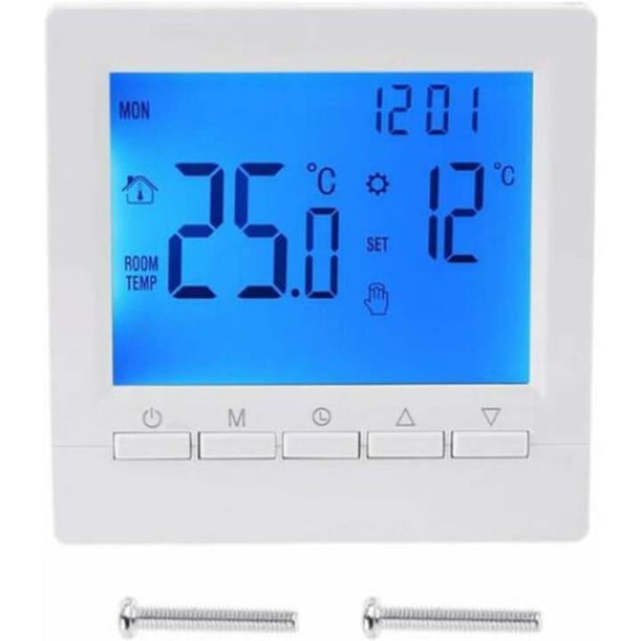 Termostat inteligent pentru incalzire in pardoseala, ecran LCD, functie anti-inghet, blocare copii, alb, 85x85x28mm