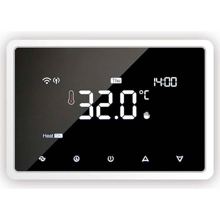 Termostat Smart WiFi cu Touchscreen WIRSEN®, pentru centrale pe gaz, programare saptamanala, controlabil din aplicatie Tuya Smart, compatibil Android si IOS, wireless, control vocal, receiver inclus, alb
