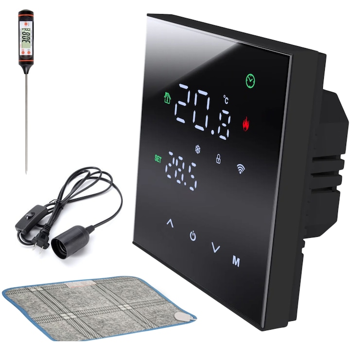 Termostat Smart TENERYX™, Wireless, Programabil, Compatibil Centrale Termice Incalzire pe Gaz, Covoras Incalzit Electric, Aplica de Perete, 2x Elemente de asamblare si Termometru de Bucatarie incluse