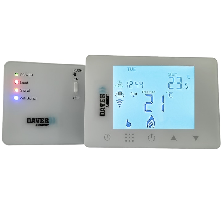 Termostat ZigBee 80906RFZB, fara fire, programabil, compatibil cu telefonul smart, cu receptor cu unde radio pentru control centrala / centru de comanda, Daver