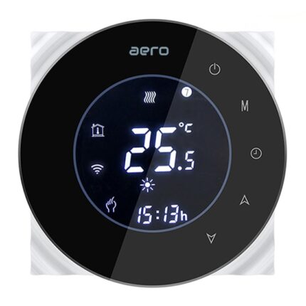 Termostat AERO THP6000ALW Black, Wi-Fi, 2 tevi, pentru Ventiloconvector, Incalzire, Racire, Ventilatie, Smart, Programabil, Alexa, Google, Aplicatie Tuya, Smart Life, Negru
