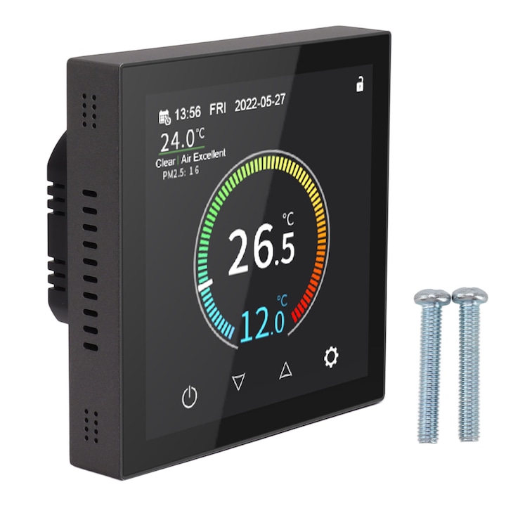 Termostat Inteligent Mmgoqqt, Ecran TFT IPS 480x480, Blocare Copii, Mod Economie Energie, Negru, EU Plug