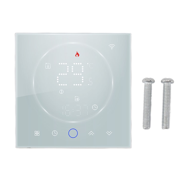 Termostat inteligent Mmgoqqt, programabil, ecran tactil LED, alb, compatibil 86mm/60mm