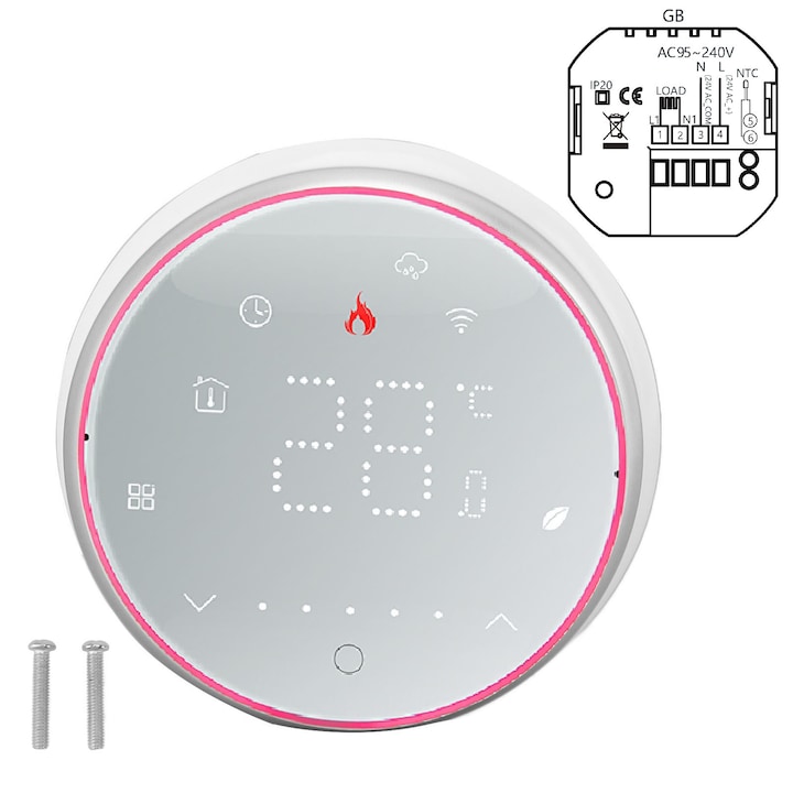 Termostat wireless programabil Mmgoqqt, control vocal, ecran LED, 13mm, alb