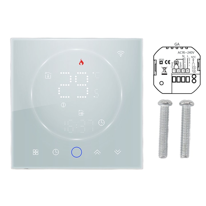 Termostat inteligent Mmgoqqt, programabil, control vocal, ecran LED multicolor, alb