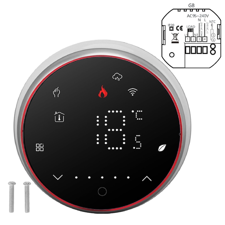 Termostat wireless programabil Mmgoqqt, control vocal, ecran LED, 13mm, negru