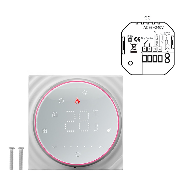 Termostat WiFi, Mmgoqqt, programabil, control temperatura precis, alb, 13x8cm