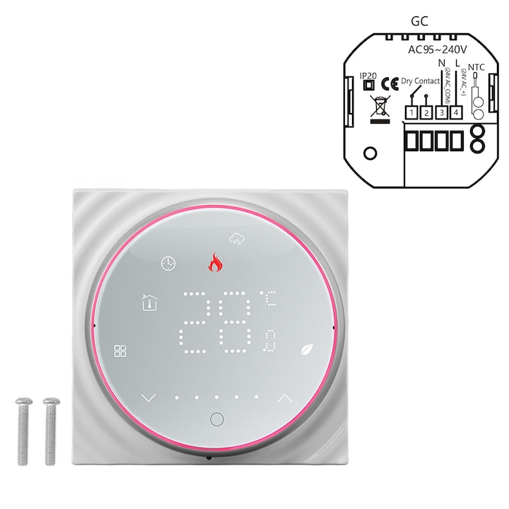 Termostat inteligent pentru incalzire, Mmgoqqt, 7 zile programabil, control precis, alb, 13mm