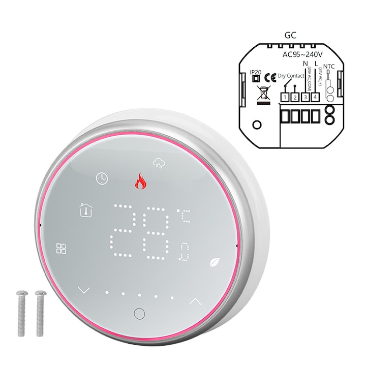 Termostat Inteligent Wireless, Mmgoqqt, Programabil, Ecran LED, Alb, 5-35°C