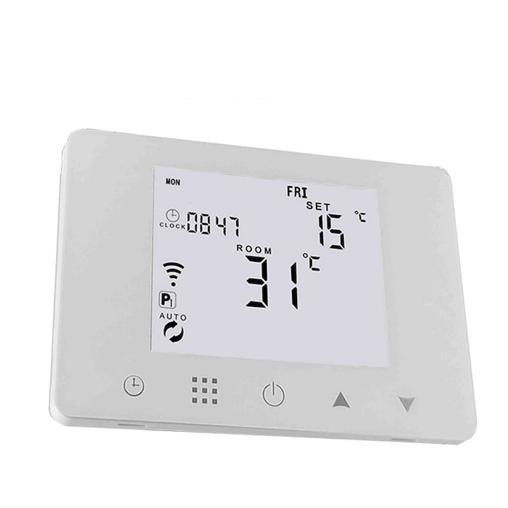 Termostat wiFi Tuya, cu aplicatie pentru telefon, compatibil Google Assistant si Amazon Alexa, Alb