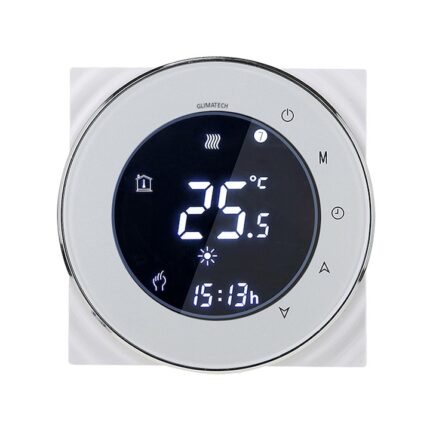 Termostat inteligent digital GLIMATECH, Pentru incalzire electrica, Incalzire in pardosea, Centrala pe gaz, Wireless Touchscreen, Control prin aplicatie pe IOS/Android, Programabil, Alb