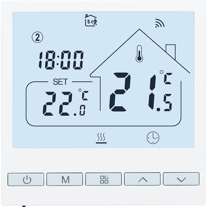 Termostat inteligent, Resteq, Tuya, control Wi-Fi, compatibil Alexa si Google Home, ecran LCD, 5-35°C, alb