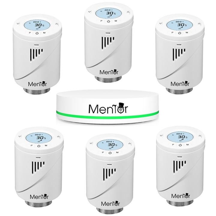 Kit Cap Termostat pentru calorifer si HUB Smart wireless Mentor 6.1 ZigBee cu ecran LCD, functie fereastra deschisa, anti-inghet, control parental, compatibil Google Home Alexa Siri