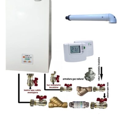 Pachet complet centrala conventionala Motan Clasic 24 kW, schimbator principal inox, kit evacuare, termostat ambient, robineti, filtre, regulator incluse, tiraj fortat