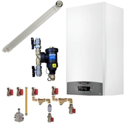 Pachet centrala termica pe gaz in condensare, Ariston Clas One 35 kW, Wi-Fi, murala, kit de evacuare, kit montaj complet RTM si filtru antimagnetita Caleffi Dirtmag incluse