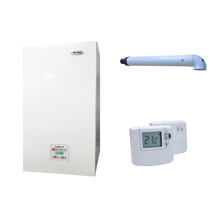 Centrala termica conventionala Motan Clasic 24 kW, schimbator principal inox, kit evacuare si termostat ambient neprogramabil incluse, tiraj fortat