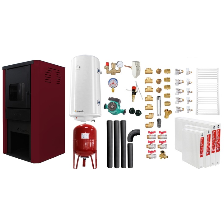 Set Termosemineu pe lemne, brichete si carbune Fornello Monza Bordeaux 27 kW, Radiatoare, Boiler, Vas Expansiune, Pompa, Kit evacuare si Fitinguri