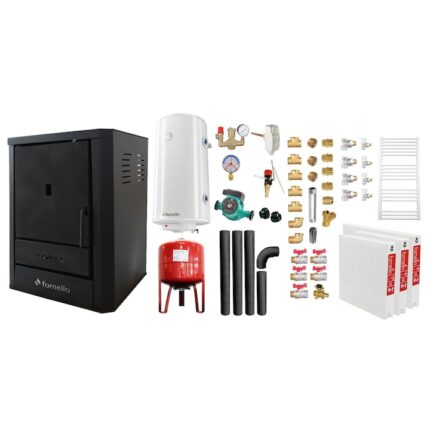 Set Centrala pe lemne, brichete si carbune Fornello Rimini Black 18 kW, Radiatoare Otel, Boiler Termoelectric, Vas Expansune, Pompa, Kit Evacuare si Fitinguri Montaj