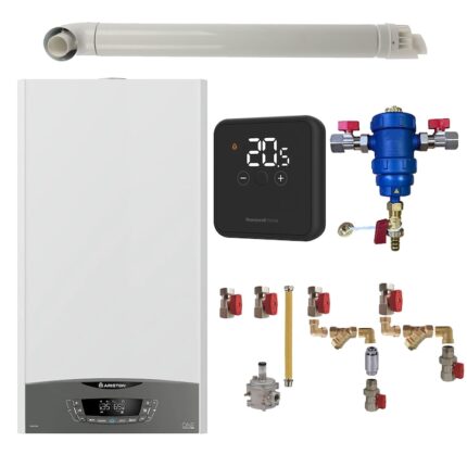 Pachet centrala termica pe gaz Ariston Clas One 35 kW, Wi-Fi, termostat Honeywell DT4R, kit montaj complet RTM, filtru antimagnetita RTM 3/4" si kit evacuare RTM incluse