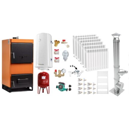 Set Centrala pe combustibil solid Fiama W 35 kW, Cos inox, Calorifere aluminiu, Boiler Termoelectric, Vas Expansune, Pompa si Fitinguri Montaj