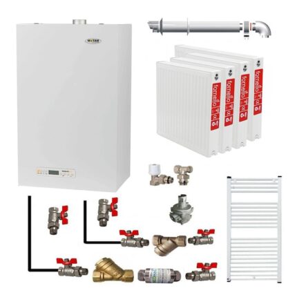 Pachet apartament cu 3 camere, centrala termica pe gaz conventionala MOTAN SIGMA 24 kw Erp, grup hidraulic compozit, kit evacuare inclus, calorifere otel, kit armaturi centrala, robineti calorifer