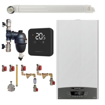 Pachet centrala termica pe gaz in condensare, Ariston Clas One 35 kW, Wi-Fi, murala, termostat Honeywell wireless DT4R, filtru antimagnetita Fernox F1 Sigma, kit montaj complet RTM si kit evacuare RTM incluse