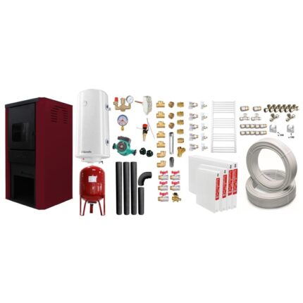 Set Termosemineu pe lemne, brichete si carbune Fornello Monza Bordeaux 27 kW, Teava, Radiatoare, Boiler, Vas Expansiune, Pompa, Kit evacuare si Fitinguri