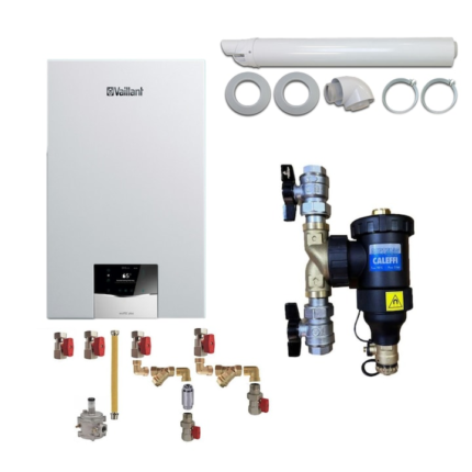 Pachet centrala termica Vaillant VUW 26CS/1-5 ecoTEC Plus 21 kW, kit evacuare, filtru antimagnetita Caleffi Dirtmag 3/4" si kit montaj complet RTM incluse