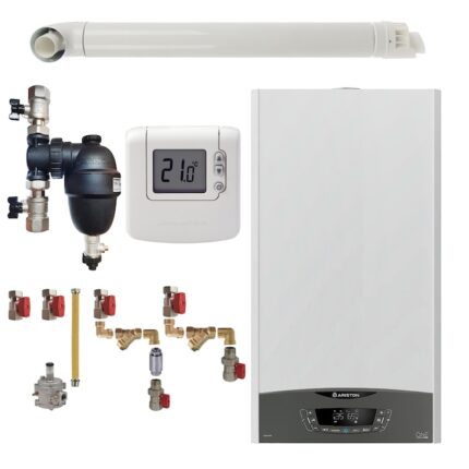 Pachet centrala termica pe gaz in condensare, Ariston Clas One 35 kW, Wi-Fi, murala, termostat Honeywell wireless DT92, filtru antimagnetita Fernox F1 Sigma, kit montaj complet RTM si kit evacuare RTM incluse