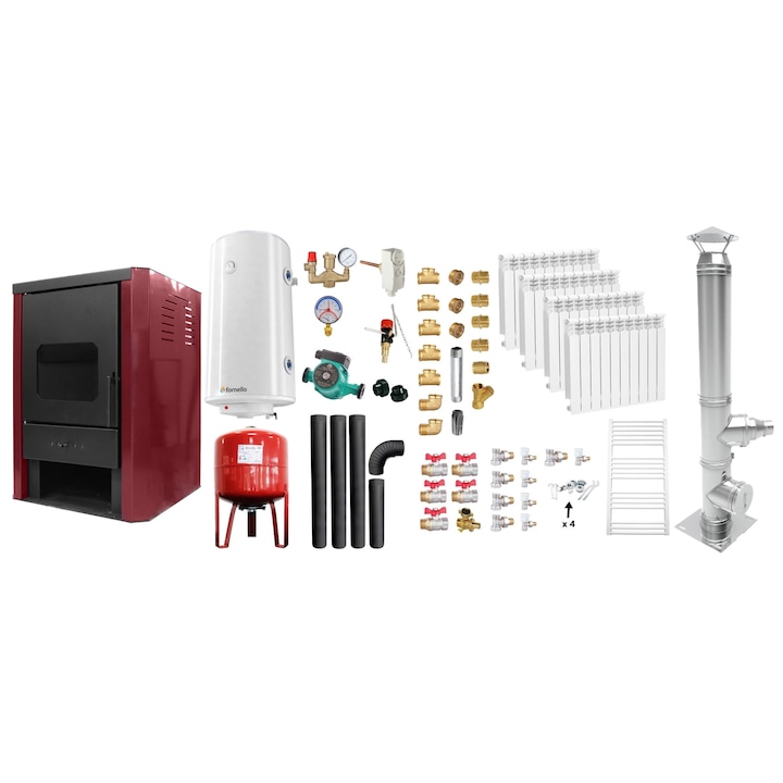 Set Termosemineu pe lemne, brichete si carbune Fornello Rimini Bordeaux 18 kW, Calorifere, Boiler, Vas Expansiune, Pompa, Cos inox si Fitinguri