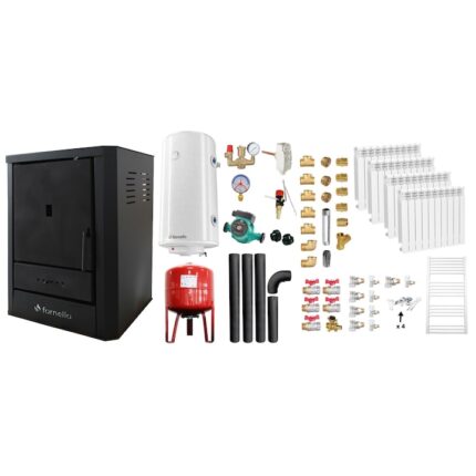 Set Centrala pe lemne, brichete si carbune Fornello Rimini Black 18 kW, Calorifere aluminiu, Boiler Termoelectric, Vas Expansune, Pompa, Kit Evacuare si Fitinguri Montaj
