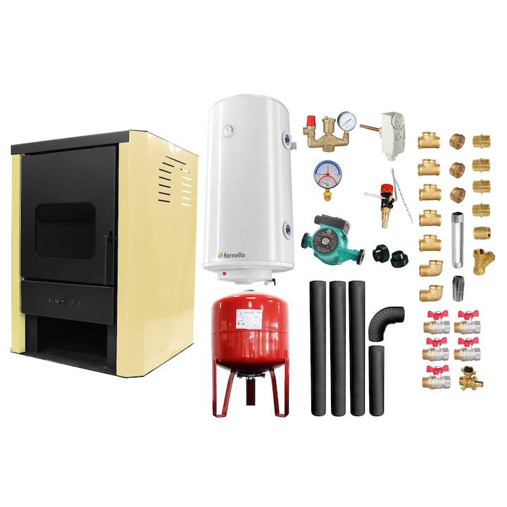 Set Termosemineu pe lemne, brichete si carbune Fornello Rimini Ivory 18 kW, Boiler, Vas Expansiune, Pompa, Kit Evacuare si Fitinguri